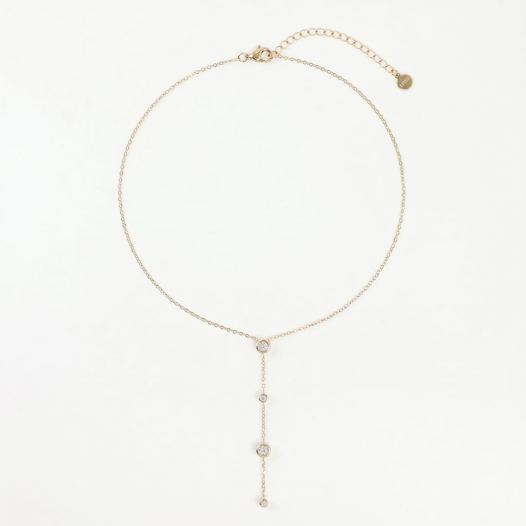 Delemon high-quality gold plated delicate Y-shaped drop necklace featuring round bezel-set clear crystal