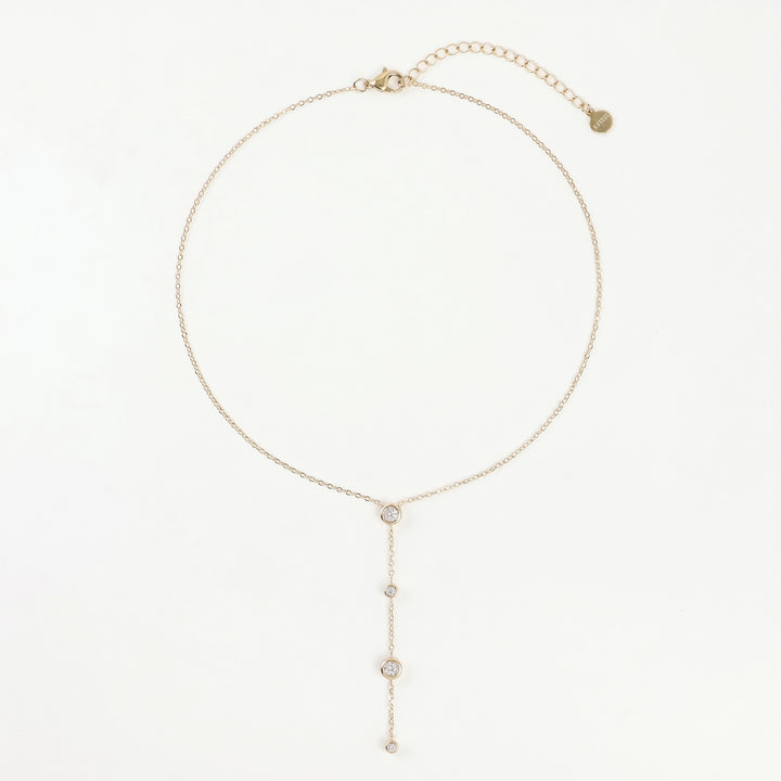 Delemon high-quality gold plated delicate Y-shaped drop necklace featuring round bezel-set clear crystal