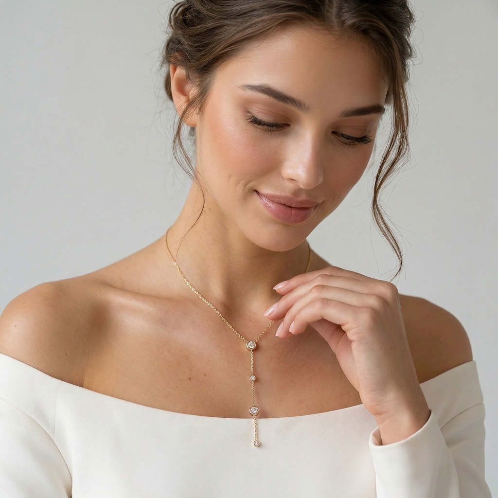 Delemon high-quality gold plated delicate Y-shaped drop necklace featuring round bezel-set clear crystal