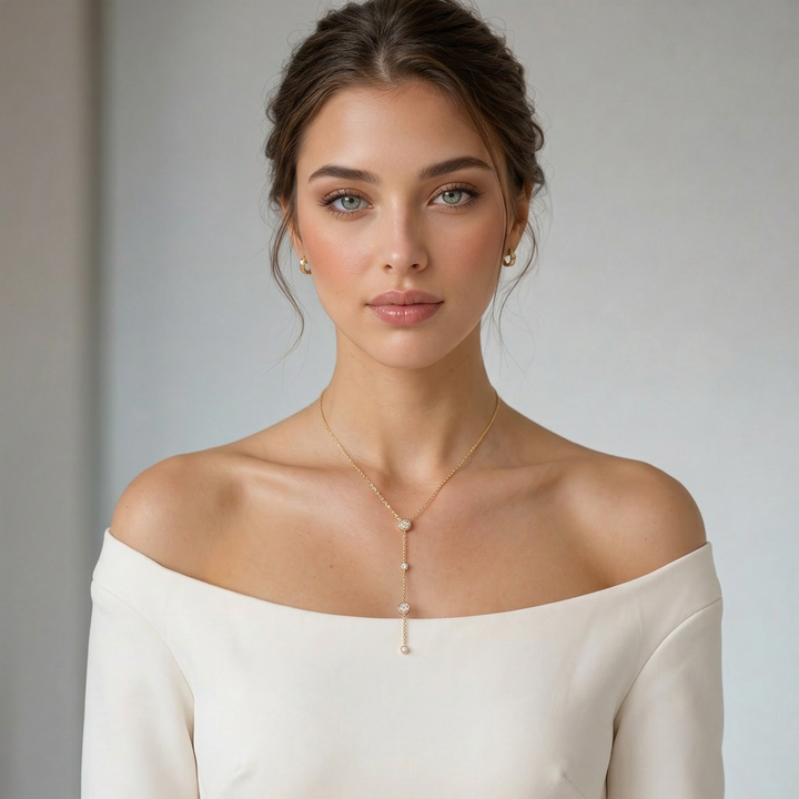 Delemon high-quality gold plated delicate Y-shaped drop necklace featuring round bezel-set clear crystal