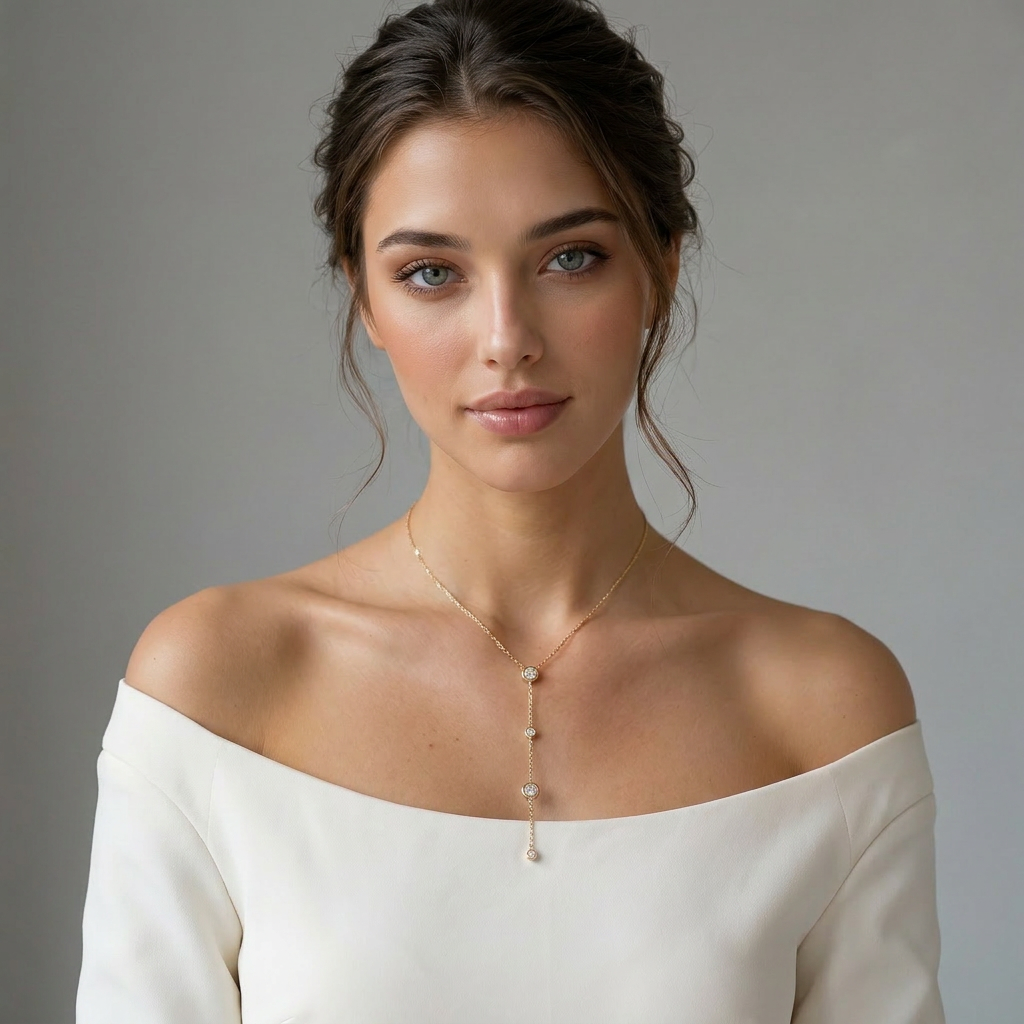 Delemon high-quality gold plated delicate Y-shaped drop necklace featuring round bezel-set clear crystal