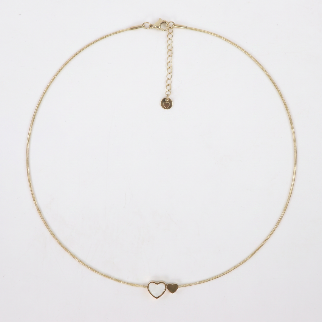 Delemon high-quality gold plated thin snake chain necklace featuring a central double heart pendant with one white mother-of-pearl heart and one smaller solid gold heart