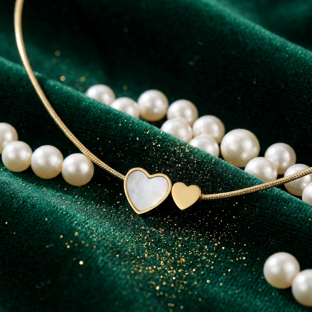 Delemon high-quality gold plated thin snake chain necklace featuring a central double heart pendant with one white mother-of-pearl heart and one smaller solid gold heart