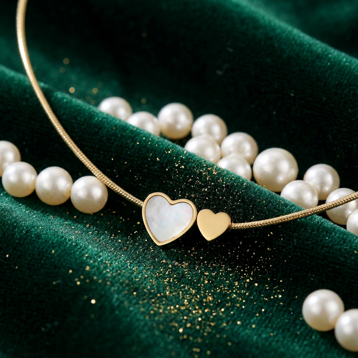 Delemon high-quality gold plated thin snake chain necklace featuring a central double heart pendant with one white mother-of-pearl heart and one smaller solid gold heart