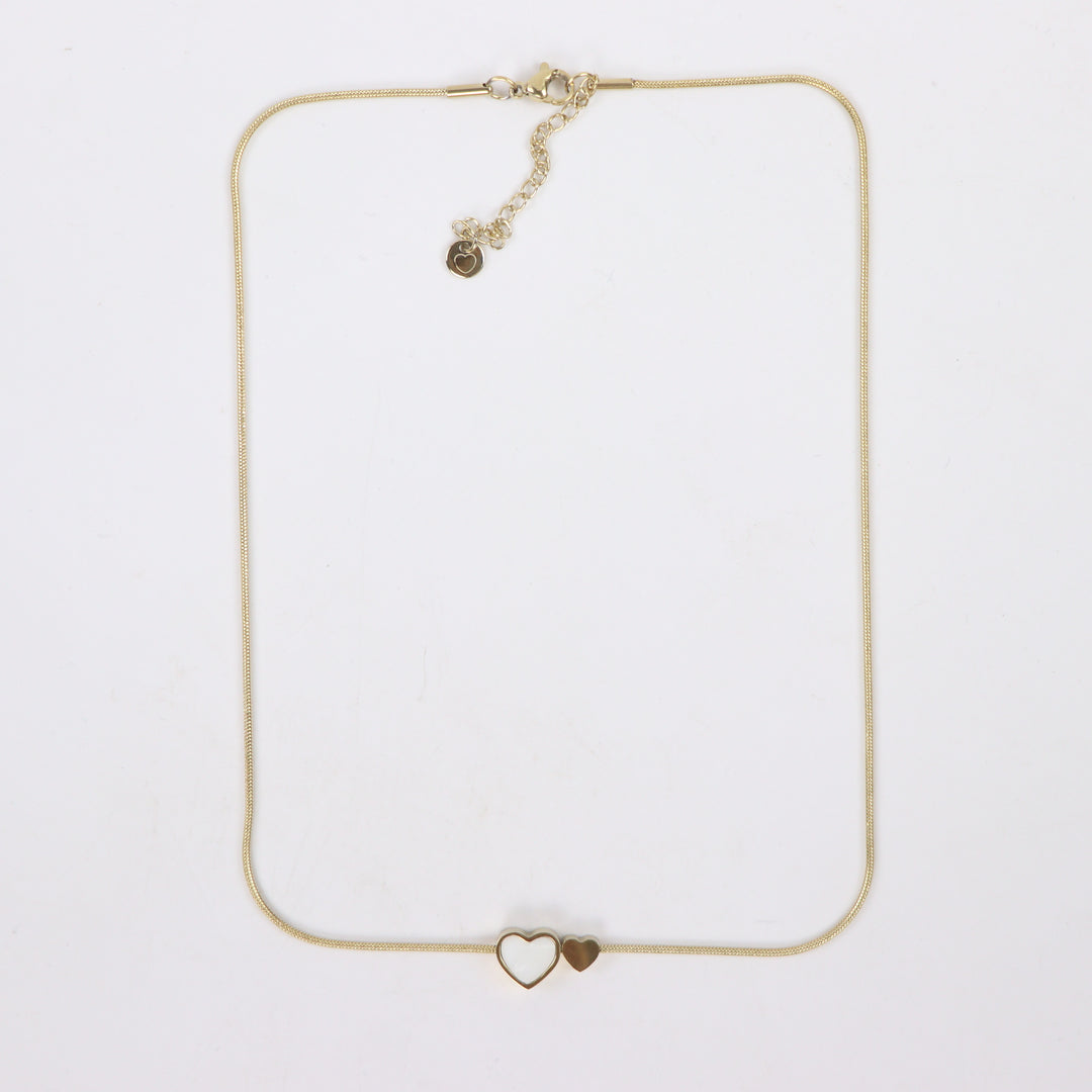 Delemon high-quality gold plated snake chain necklace featuring a white enamel heart pendant alongside a mini solid gold heart charm.