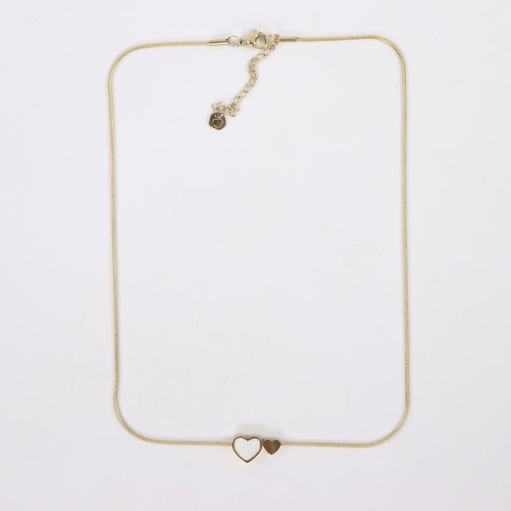 Delemon high-quality gold plated snake chain necklace featuring a white enamel heart pendant alongside a mini solid gold heart charm.
