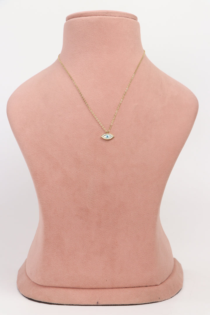 Delemon high-quality gold plated chain necklace featuring a small evil eye pendant with a mother-of-pearl center and crystal border full front view.