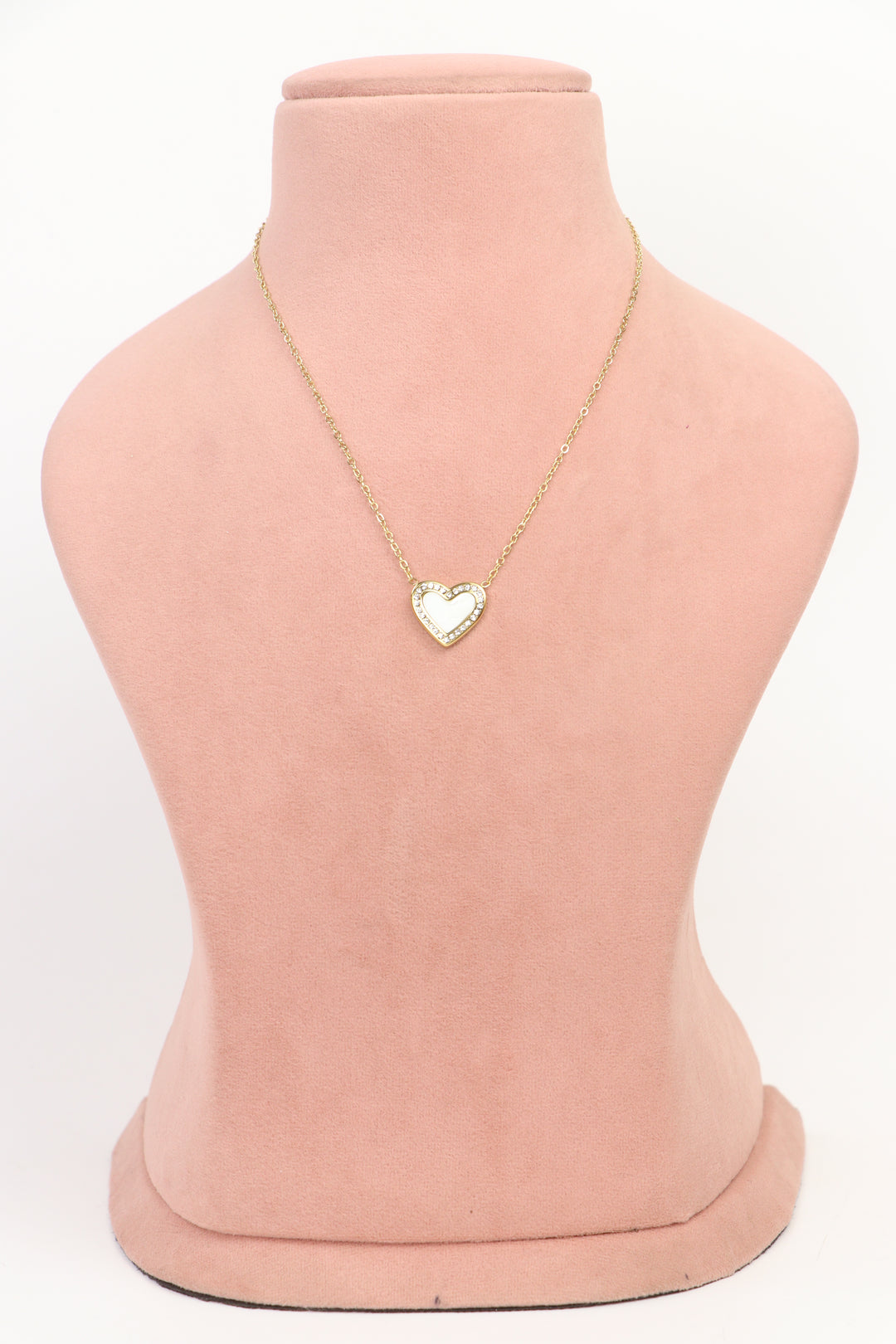 Delemon high-quality gold plated chain necklace featuring a single heart pendant with crystal border full front view.