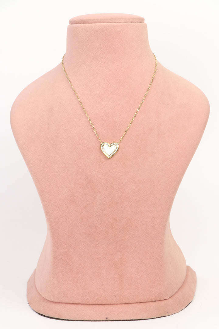 Delemon high-quality gold plated chain necklace featuring a single heart pendant with crystal border full front view.