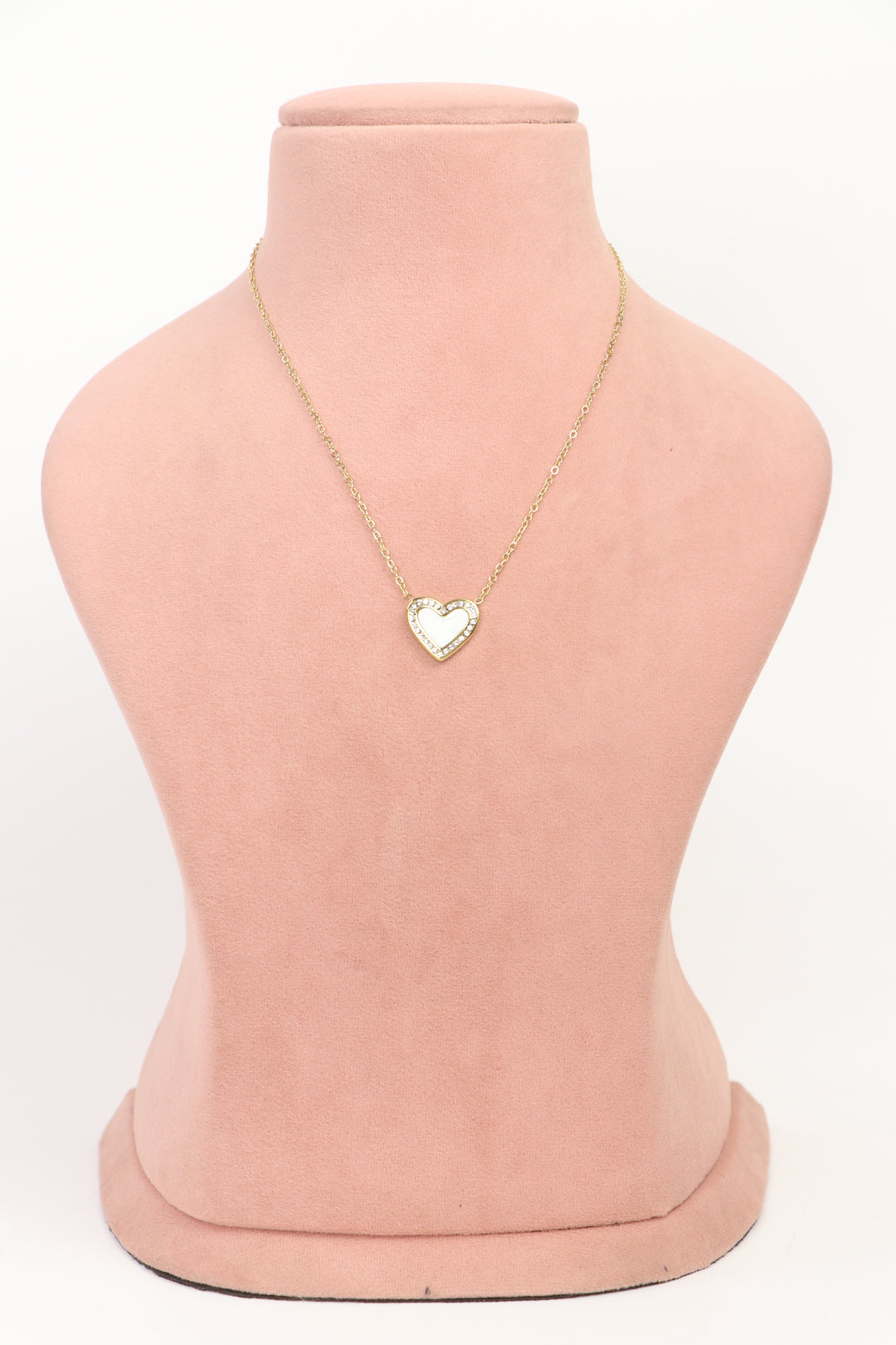 Delemon high-quality gold plated chain necklace featuring a single heart pendant with crystal border wide front view.