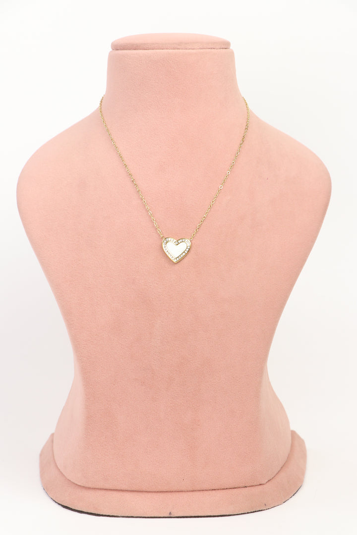 Delemon high-quality gold plated chain necklace featuring a single heart pendant with crystal border wide front view.