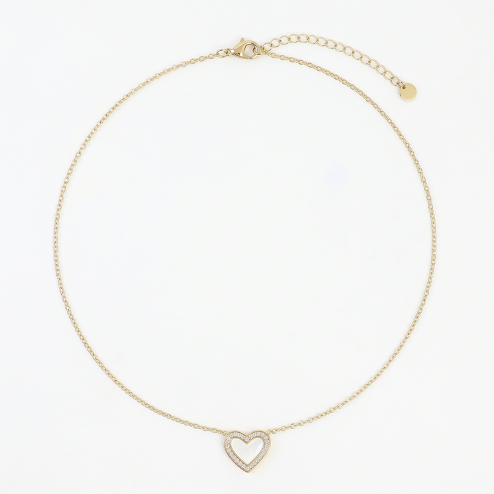 Delemon high-quality gold plated chain necklace featuring a central heart pendant with a white mother-of-pearl center and crystal border