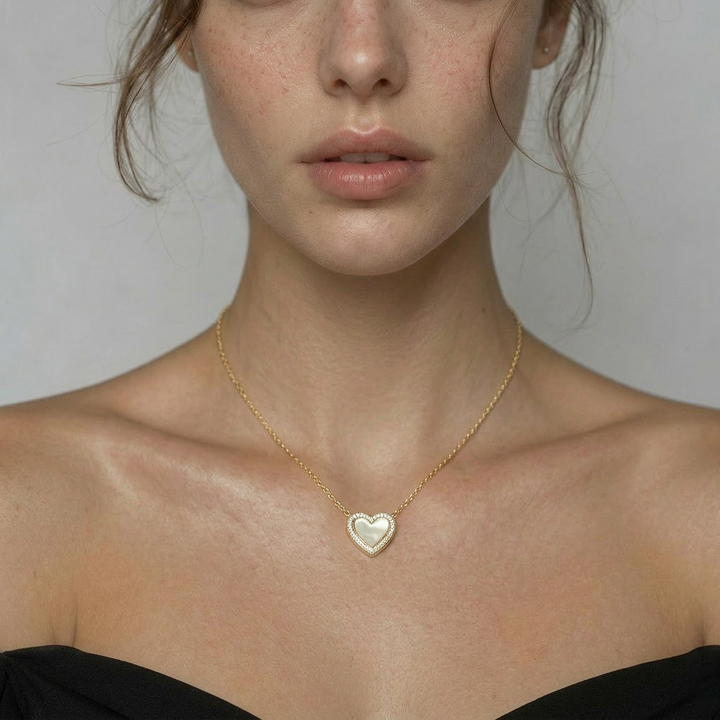 Delemon high-quality gold plated chain necklace featuring a central heart pendant with a white mother-of-pearl center and crystal border