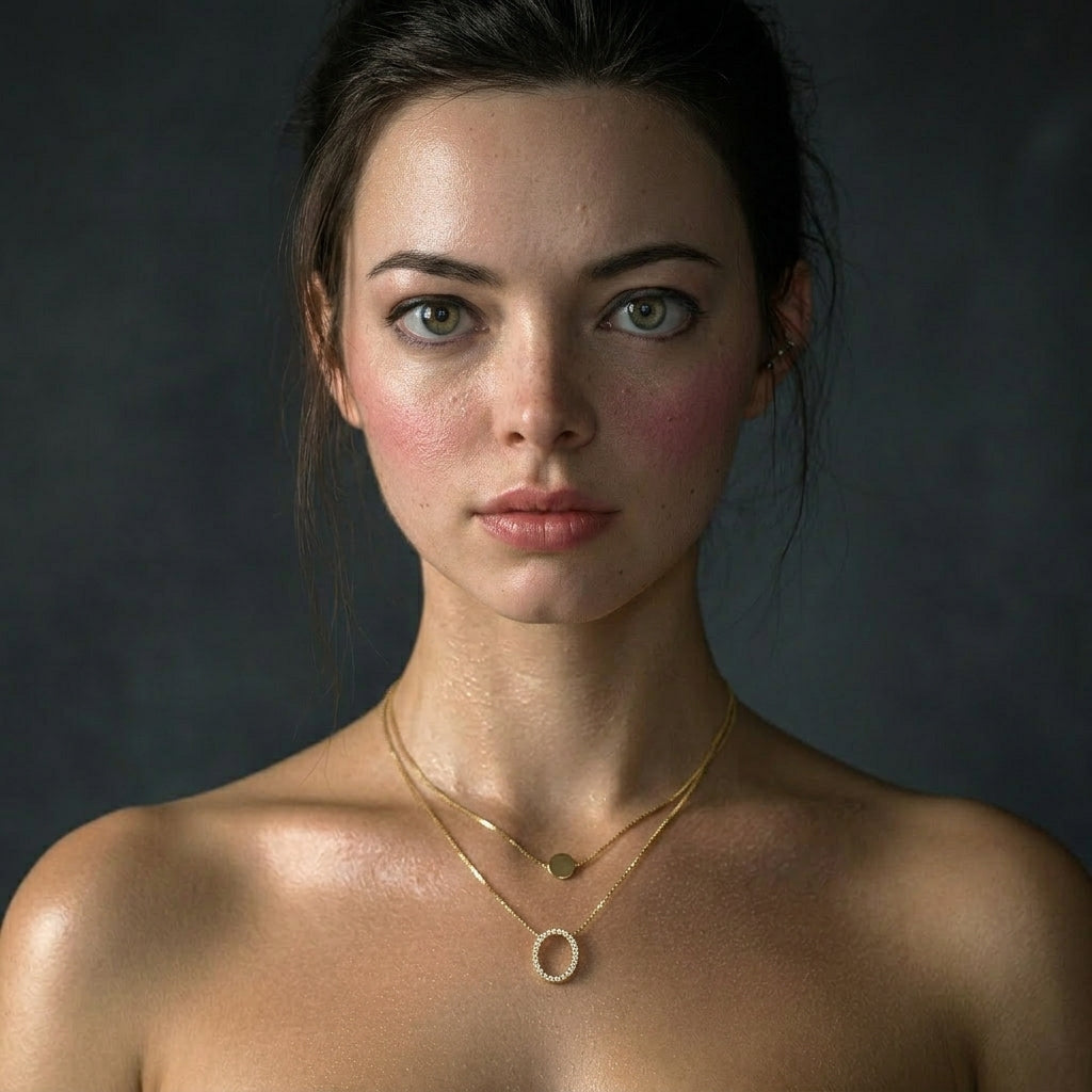 Delemon high-quality gold plated double-layer necklace featuring a top delicate chain with a smooth round disc and a bottom chain with a crystal pave oval ring pendant