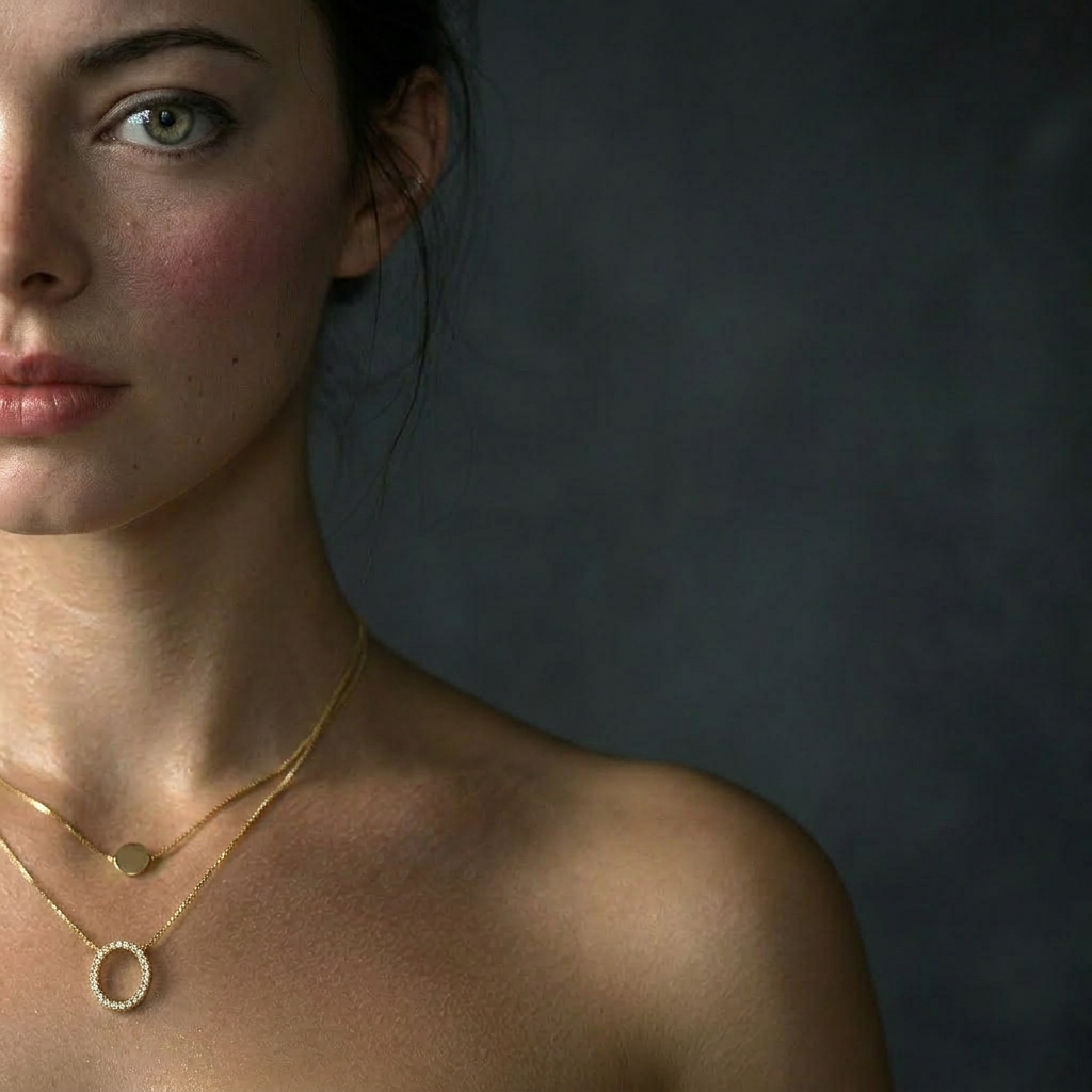 Delemon high-quality gold plated double-layer necklace featuring a top delicate chain with a smooth round disc and a bottom chain with a crystal pave oval ring pendant