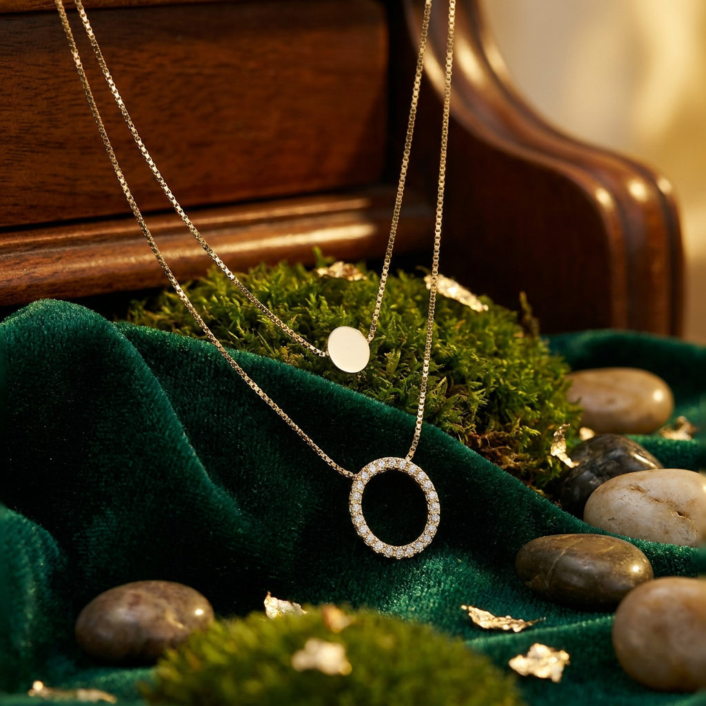 Delemon high-quality gold plated double-layer necklace featuring a top delicate chain with a smooth round disc and a bottom chain with a crystal pave oval ring pendant