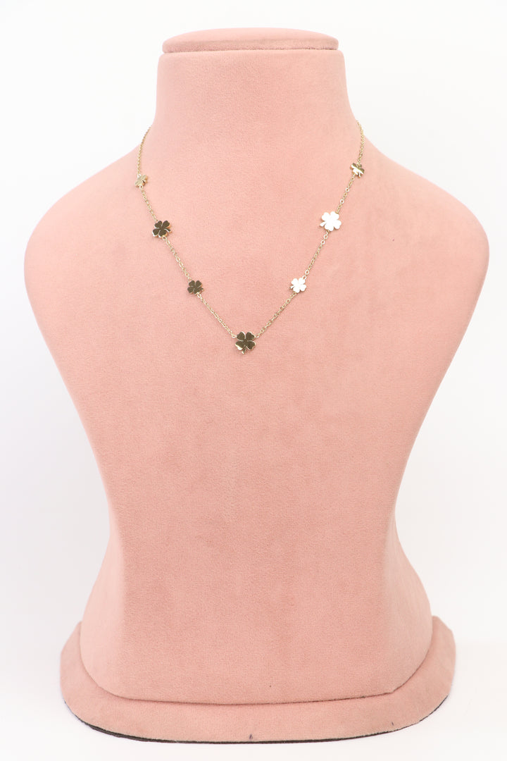 Delemon high-quality gold plated chain necklace featuring multiple delicate clover charms full front view.
