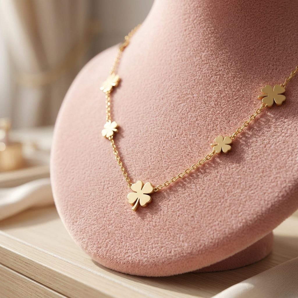 Delemon high-quality gold plated delicate chain necklace featuring multiple small four-leaf clover charms