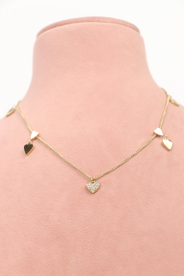 Delemon high-quality gold plated chain necklace featuring multiple dangling heart charms with a crystal center pendant front view.
