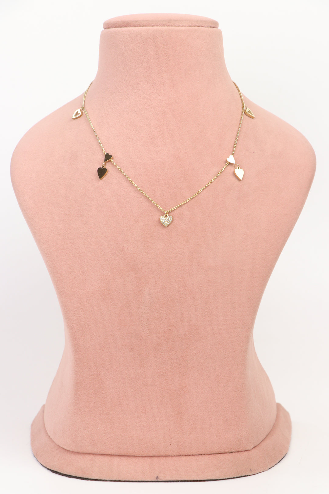 Delemon high-quality gold plated chain necklace featuring multiple dangling heart charms with a crystal center pendant full front view.