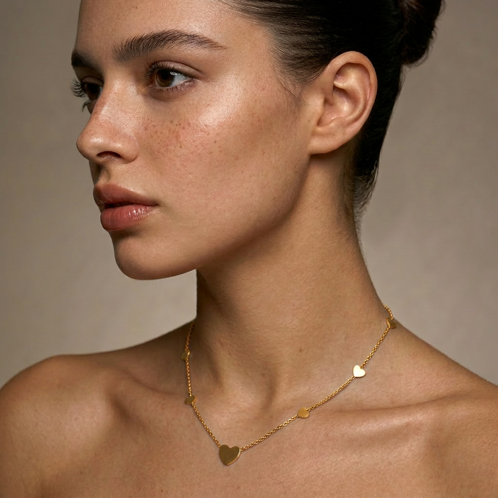 Delemon high-quality gold plated chain necklace featuring multiple delicate heart charms in a station design
