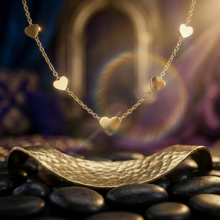 Delemon high-quality gold plated chain necklace featuring multiple delicate heart charms in a station design