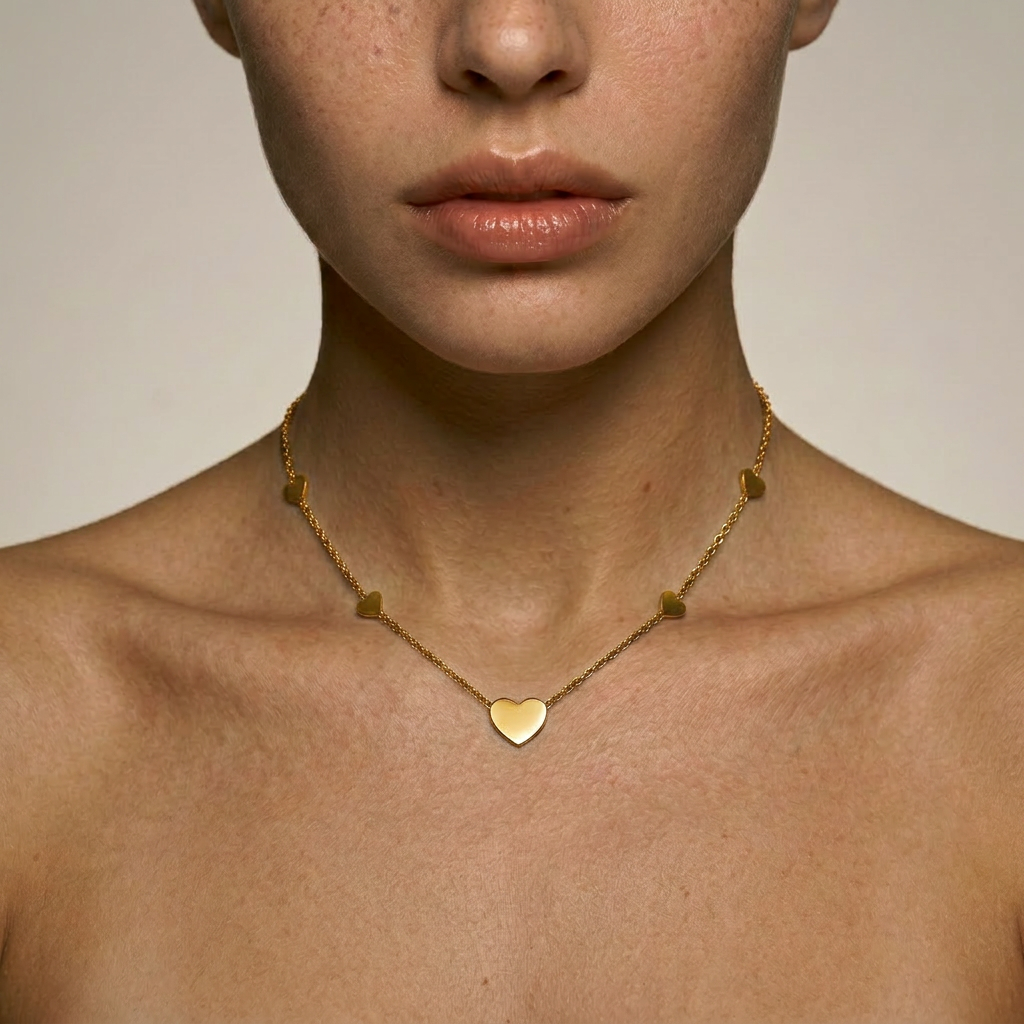 Delemon high-quality gold plated chain necklace featuring multiple delicate heart charms in a station design