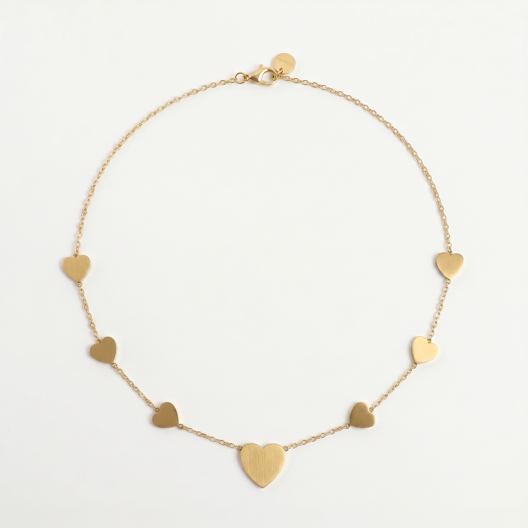 Delemon high-quality gold plated chain necklace featuring multiple delicate heart charms in a station design