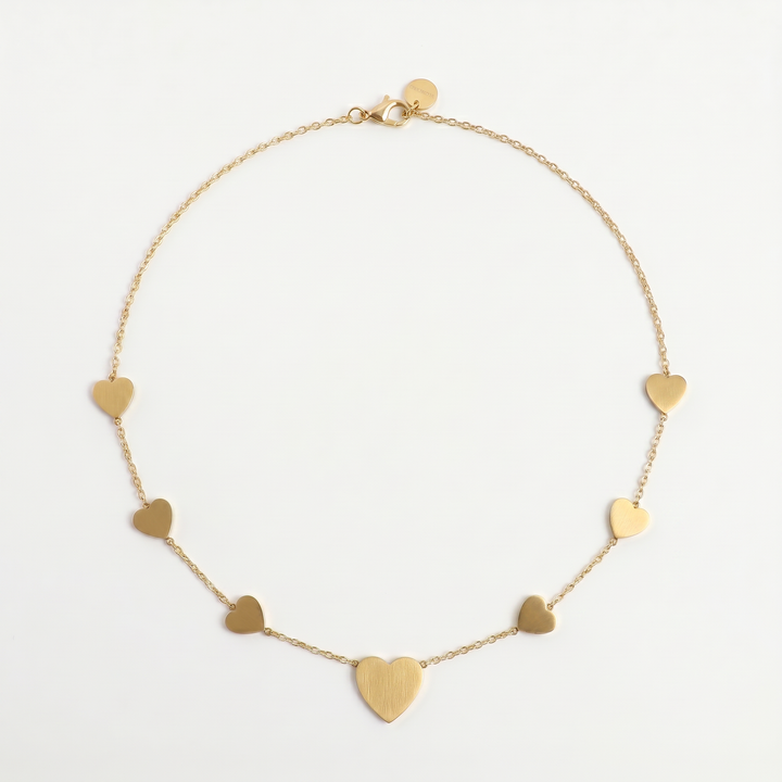 Delemon high-quality gold plated chain necklace featuring multiple delicate heart charms in a station design