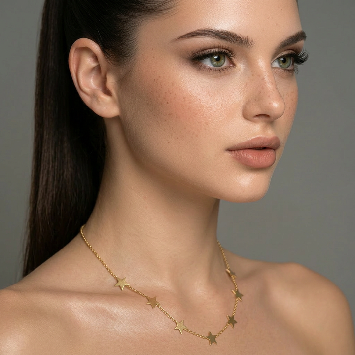 Delemon high-quality gold plated chain necklace featuring multiple delicate star charms in a station design