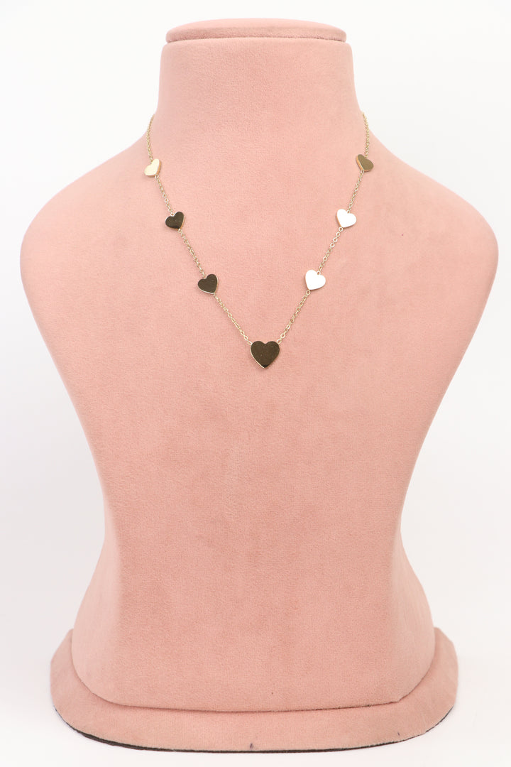 Delemon high-quality gold plated chain necklace featuring a single heart pendant with crystal border wide front view.