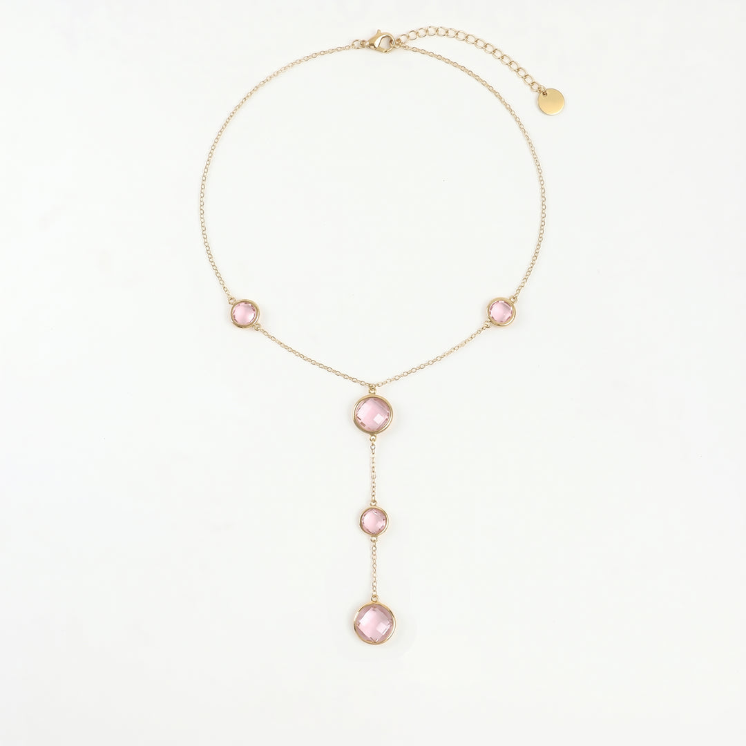 Delemon high-quality gold plated delicate Y-shaped drop necklace featuring round bezel-set pink crystal stations and a cascading drop design