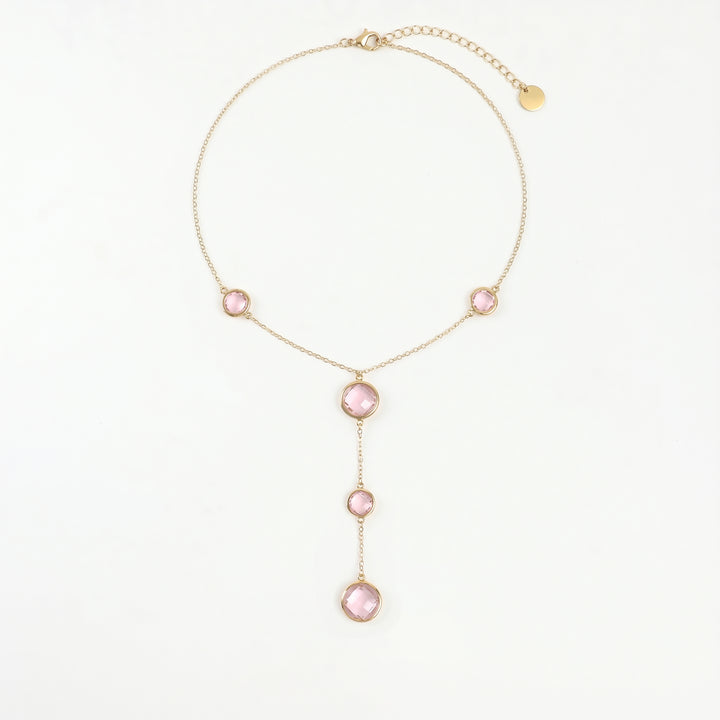 Delemon high-quality gold plated delicate Y-shaped drop necklace featuring round bezel-set pink crystal stations and a cascading drop design