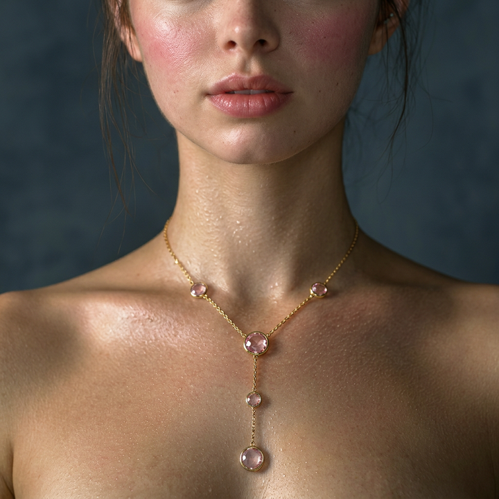 Delemon high-quality gold plated delicate Y-shaped drop necklace featuring round bezel-set pink crystal stations and a cascading drop design