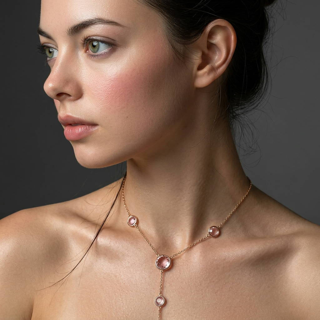 Delemon high-quality gold plated delicate Y-shaped drop necklace featuring round bezel-set pink crystal stations and a cascading drop design