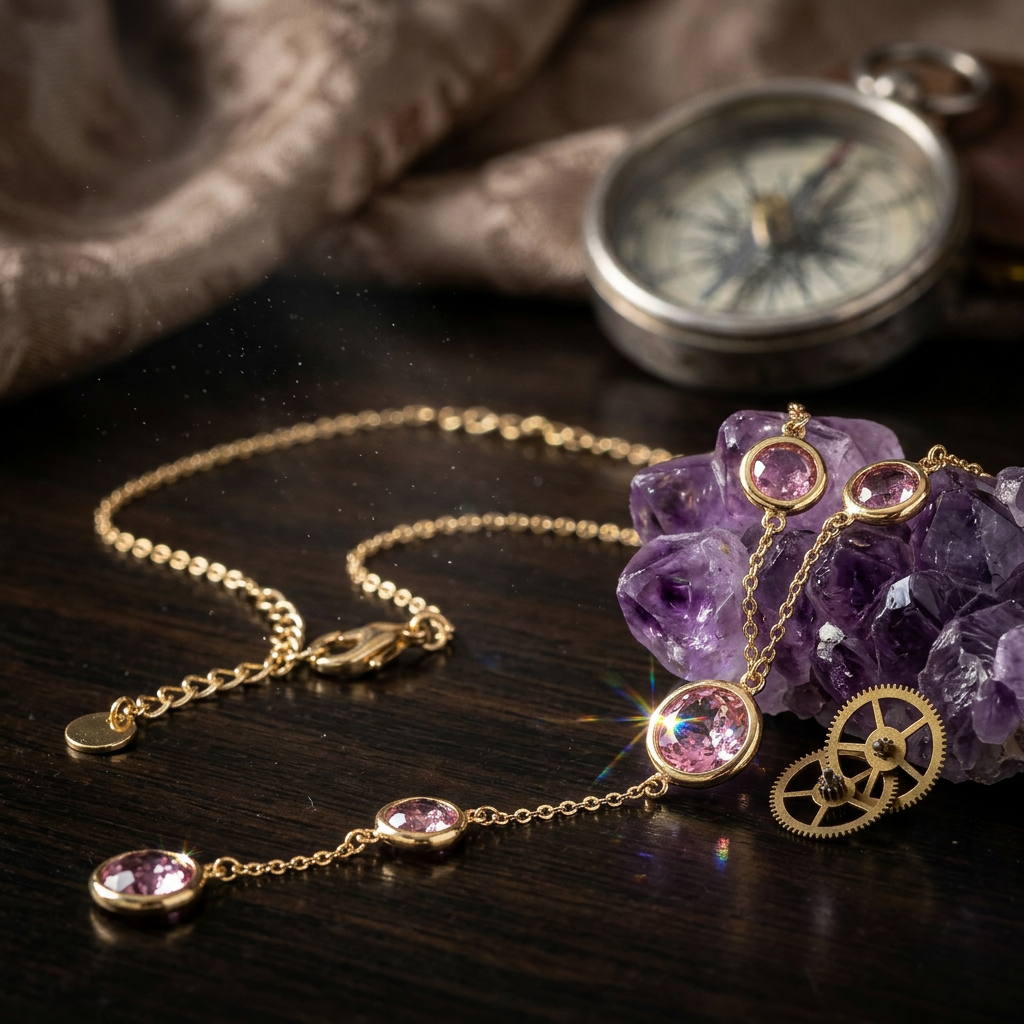Delemon high-quality gold plated delicate Y-shaped drop necklace featuring round bezel-set pink crystal stations and a cascading drop design