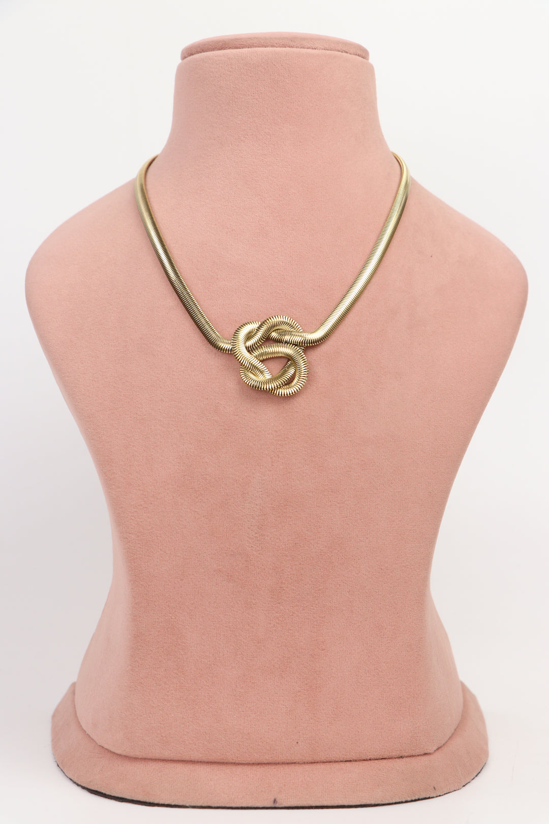 Delemon high-quality gold plated thick snake chain necklace featuring a central statement love knot design full front view.