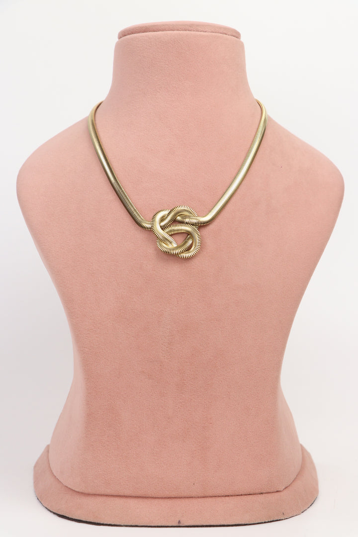 Delemon high-quality gold plated thick snake chain necklace featuring a central statement love knot design full front view.