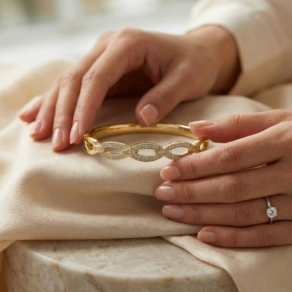 Delemon gold Seraphina infinity loop rigid bangle bracelet with micro-pavé crystal borders in waterproof 18k gold plated stainless steel