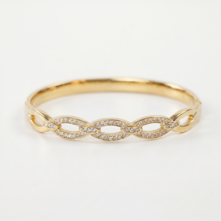 Delemon gold Seraphina infinity loop rigid bangle bracelet with micro-pavé crystal borders in waterproof 18k gold plated stainless steel