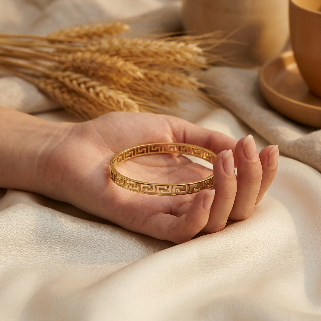 Delemon gold slim Greek key cut-out geometric bangle bracelet in waterproof 18k gold plated stainless steel