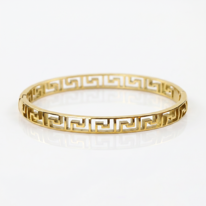 Delemon gold slim Greek key cut-out geometric bangle bracelet in waterproof 18k gold plated stainless steel