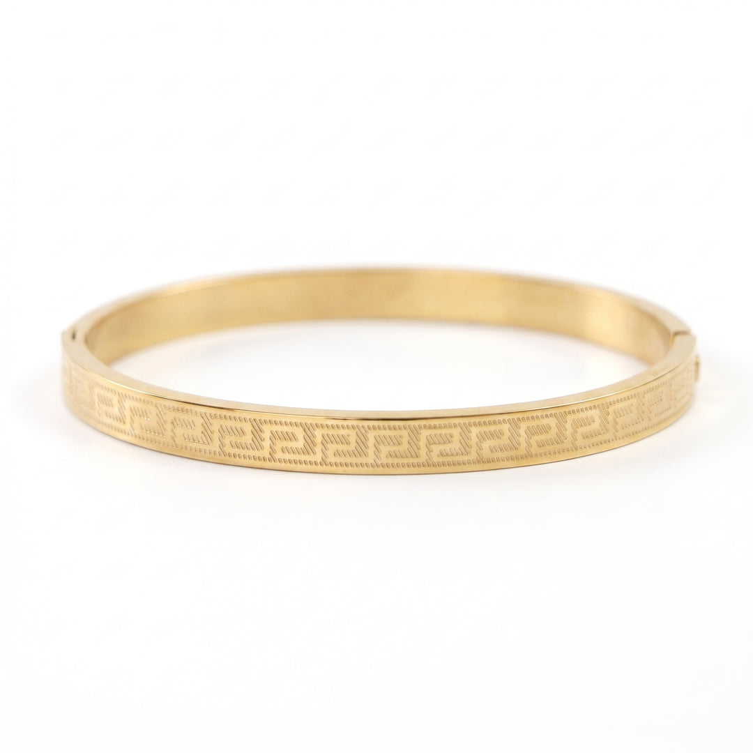Delemon gold Greek key engraved geometric bangle bracelet in waterproof 18k gold plated stainless steel