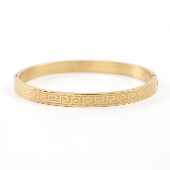 Delemon gold Greek key engraved geometric bangle bracelet in waterproof 18k gold plated stainless steel