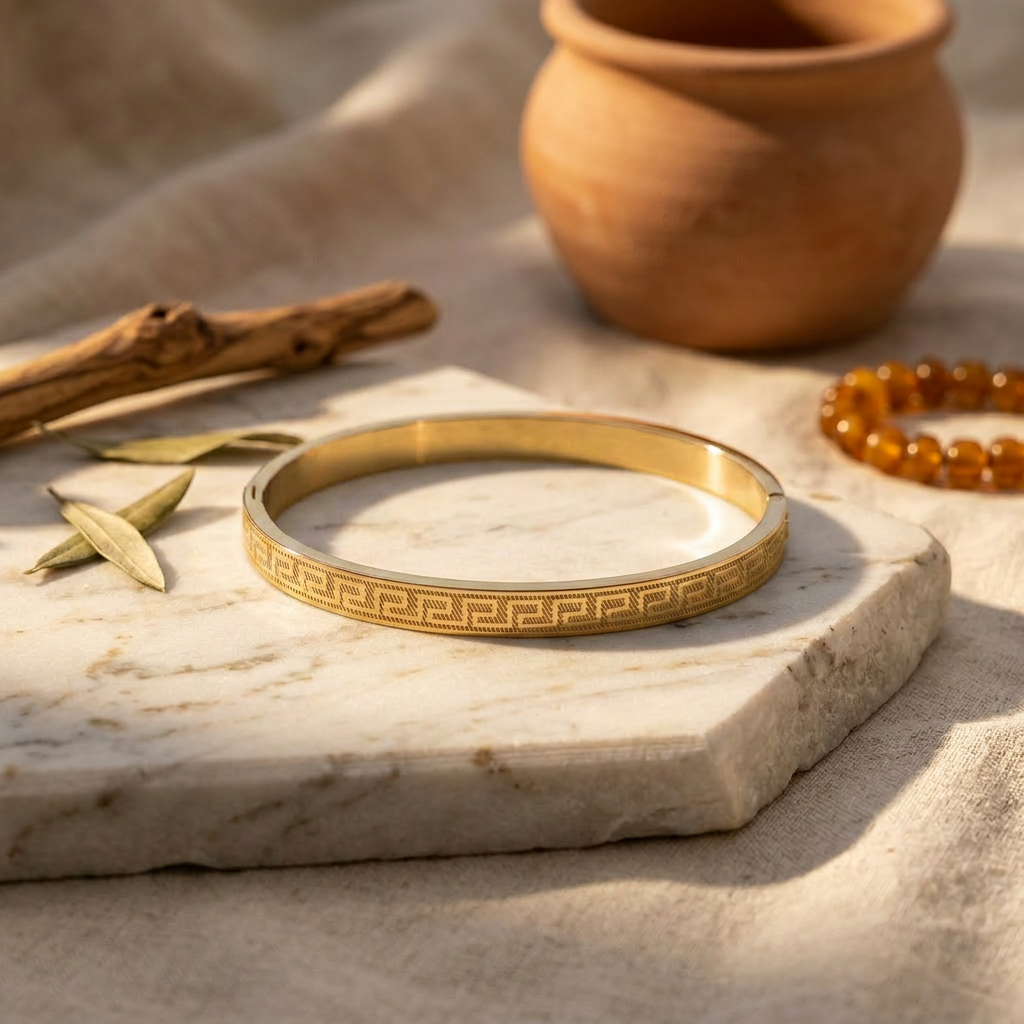 Delemon gold Greek key engraved geometric bangle bracelet in waterproof 18k gold plated stainless steel