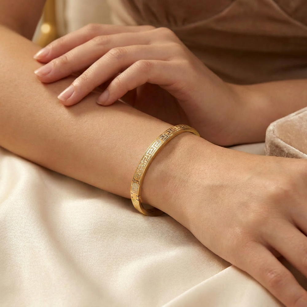 Delemon gold Greek key engraved geometric bangle bracelet in waterproof 18k gold plated stainless steel