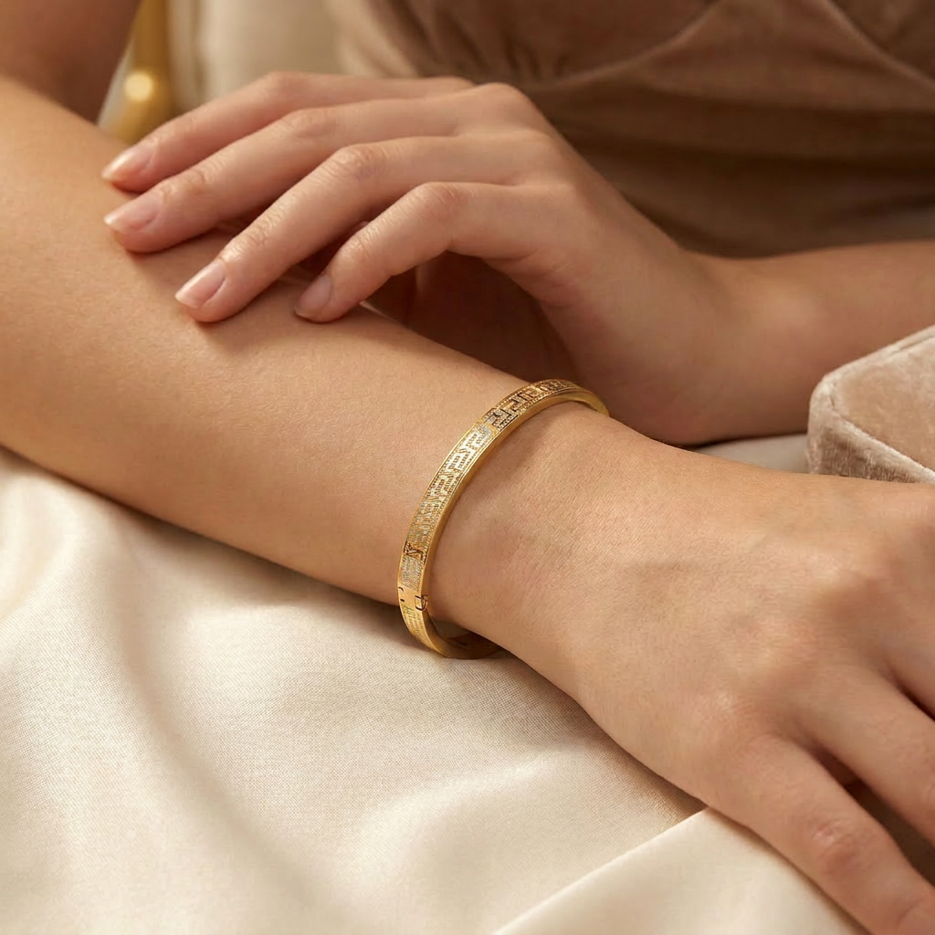 Delemon gold Greek key engraved geometric bangle bracelet in waterproof 18k gold plated stainless steel