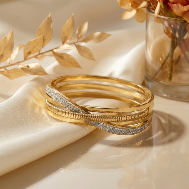 Delemon silver infinity loop open-work crystal bangle bracelet in waterproof 316L stainless steel