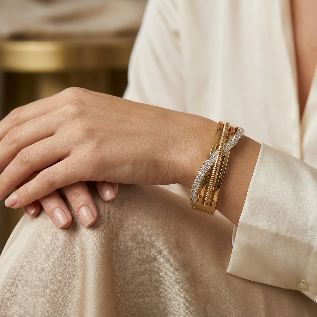 Delemon silver infinity loop open-work crystal bangle bracelet in waterproof 316L stainless steel