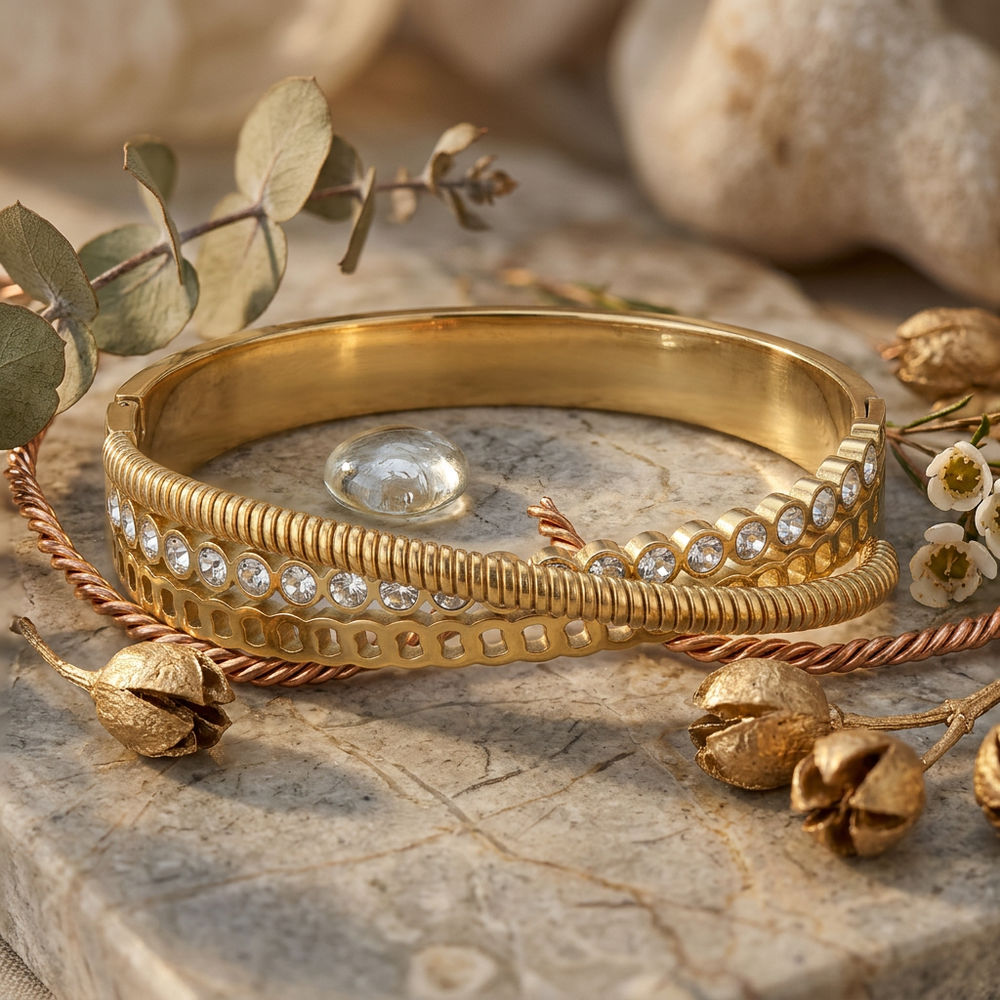 Delemon gold Verona triple layer crossover bangle bracelet with bezel-set crystals and textured rope strands in waterproof 18k gold plated stainless steel